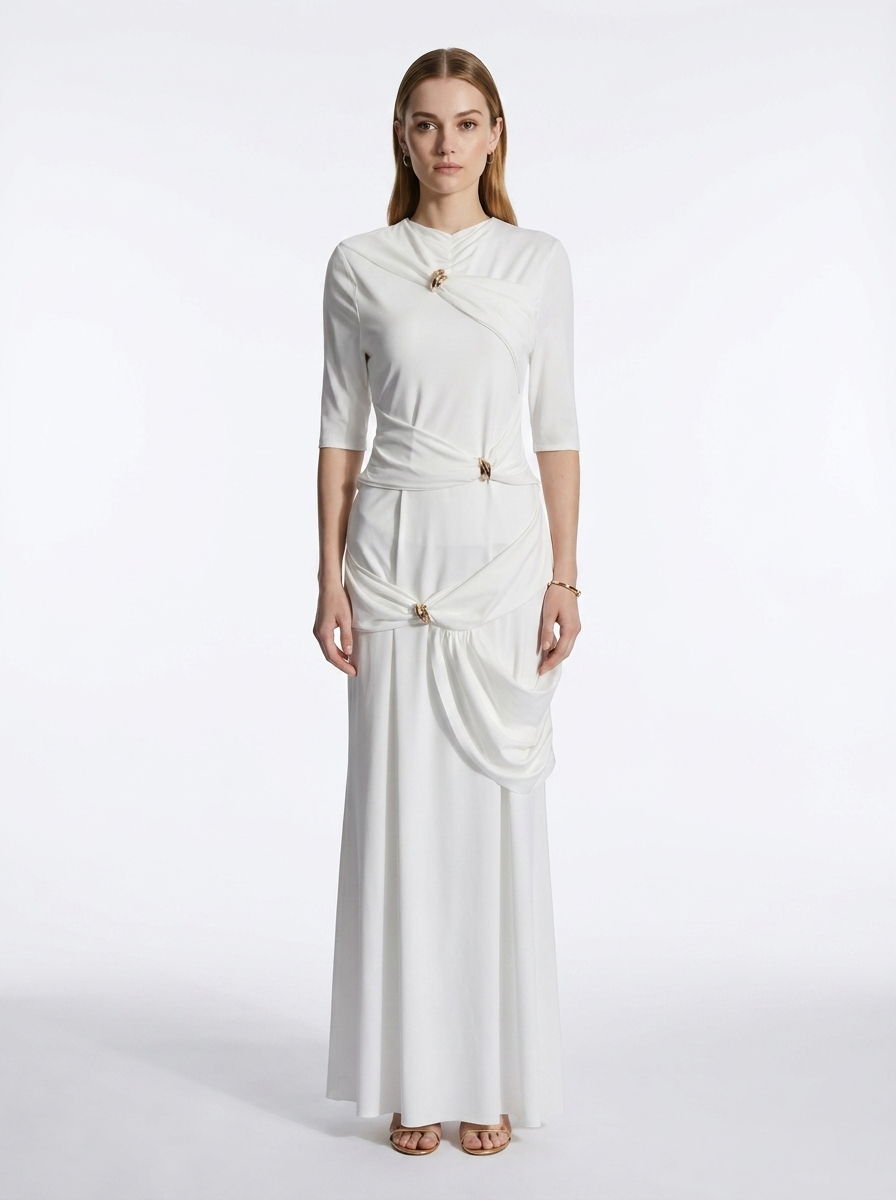 LadyLuxury | Draped Surrealist Maxi Dress with Gold Hardware - Elegant Long Sleeve Gown