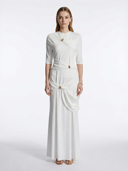 LadyLuxury | Draped Surrealist Maxi Dress with Gold Hardware - Elegant Long Sleeve Gown