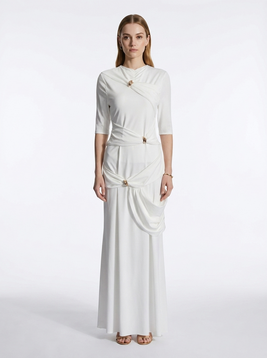 LadyLuxury | Draped Surrealist Maxi Dress with Gold Hardware - Elegant Long Sleeve Gown