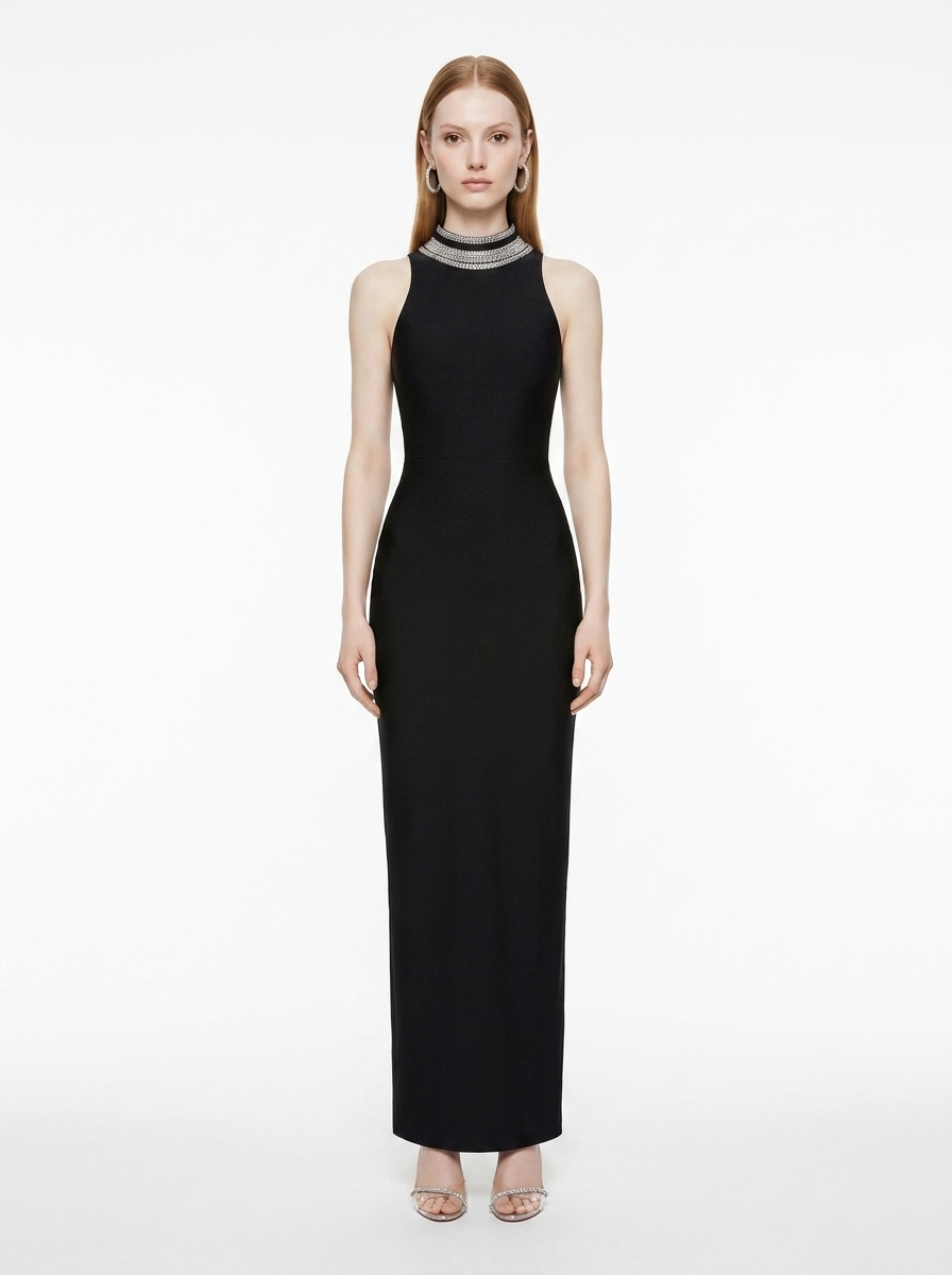LadyLuxury | Spliced Bead Stand Neck Maxi Dress - Sleek Backless Evening Gown