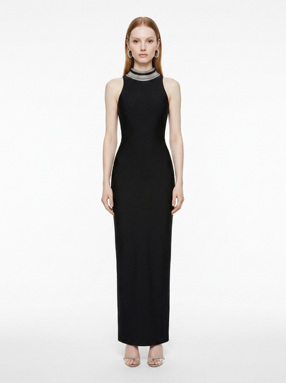 LadyLuxury | Spliced Bead Stand Neck Maxi Dress - Sleek Backless Evening Gown