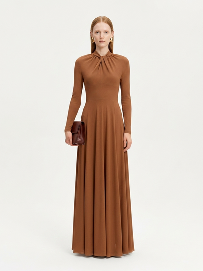 LadyLuxury | Draped Shirring Maxi Dress - Elegant Long Sleeve High Waist Minimalist Gown