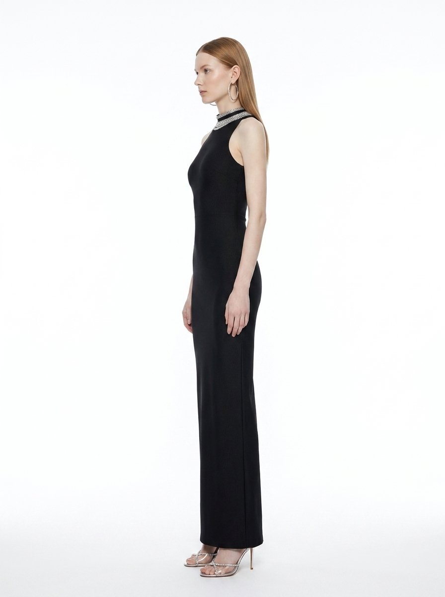 LadyLuxury | Spliced Bead Stand Neck Maxi Dress - Sleek Backless Evening Gown