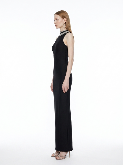 LadyLuxury | Spliced Bead Stand Neck Maxi Dress - Sleek Backless Evening Gown