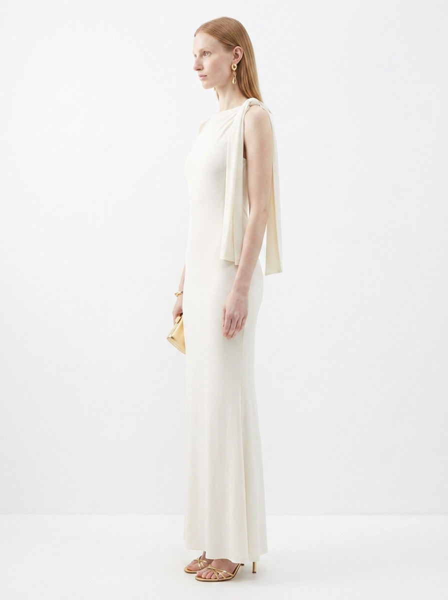 LadyLuxury | Sleek Draped Column Maxi Dress - Minimalist High Neck Evening Gown