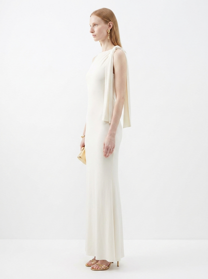 LadyLuxury | Sleek Draped Column Maxi Dress - Minimalist High Neck Evening Gown