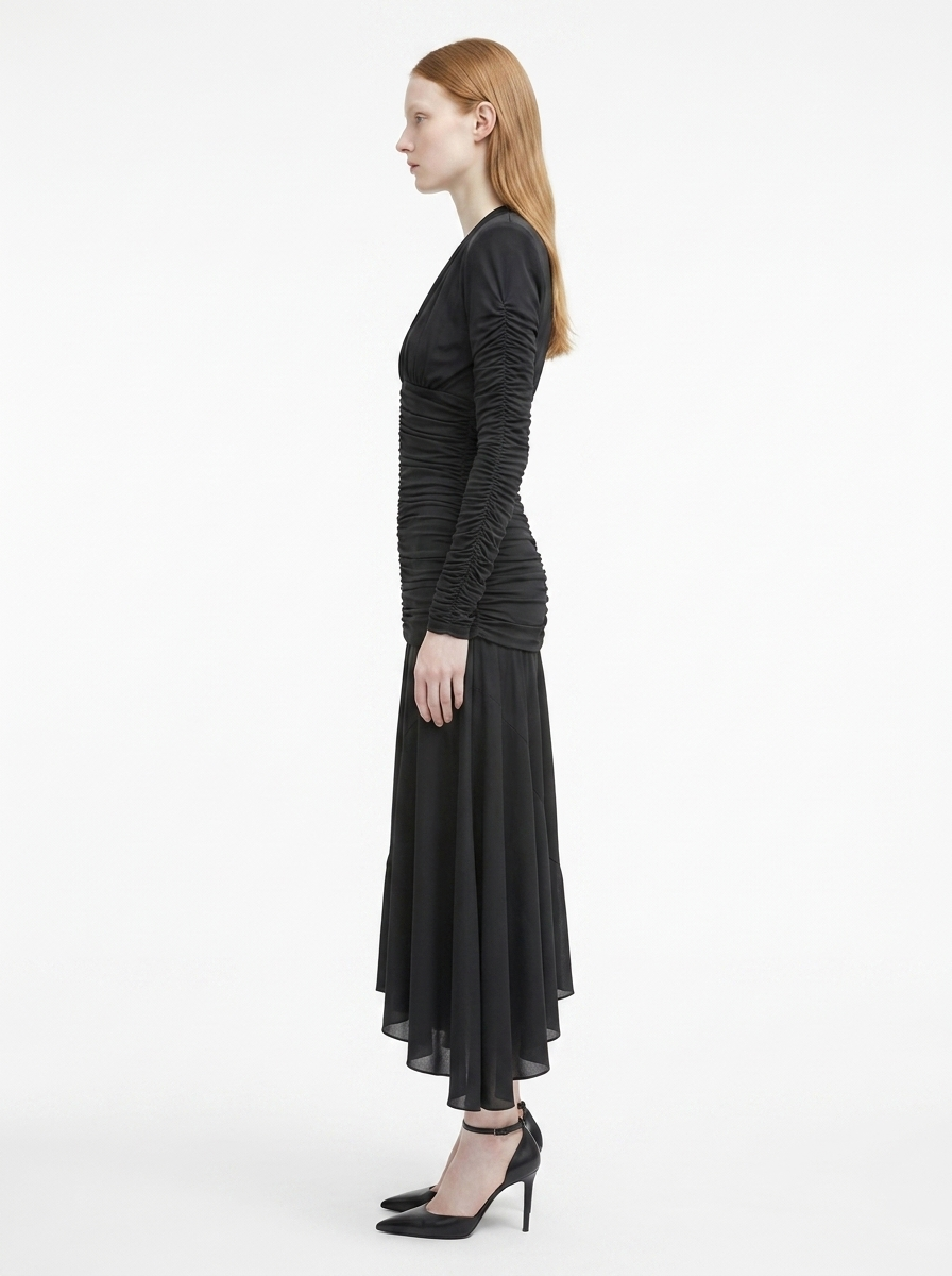 LadyLuxury | V-Neck Ruched Maxi Dress - Parisian Night Glamour Evening Gown