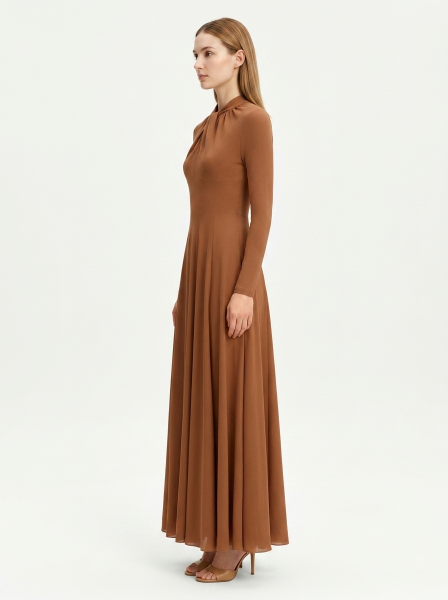 LadyLuxury | Draped Shirring Maxi Dress - Elegant Long Sleeve High Waist Minimalist Gown