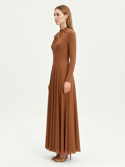 LadyLuxury | Draped Shirring Maxi Dress - Elegant Long Sleeve High Waist Minimalist Gown