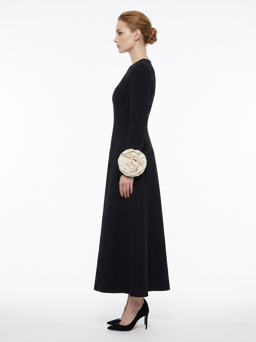 LadyLuxury | Petal Sleeve Rosette Maxi Dress - Surrealist Sophistication Evening Gown