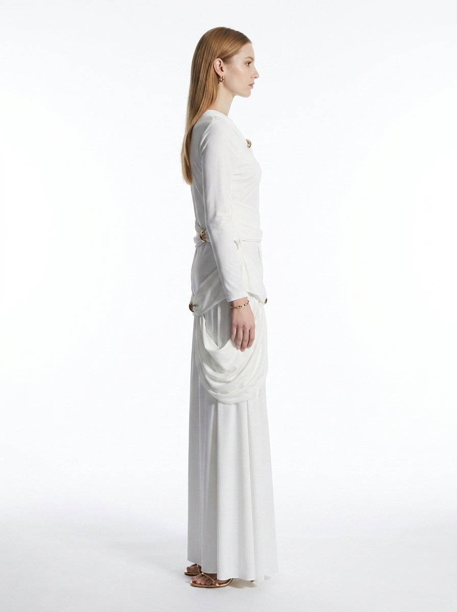LadyLuxury | Draped Surrealist Maxi Dress with Gold Hardware - Elegant Long Sleeve Gown
