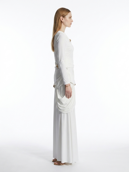 LadyLuxury | Draped Surrealist Maxi Dress with Gold Hardware - Elegant Long Sleeve Gown