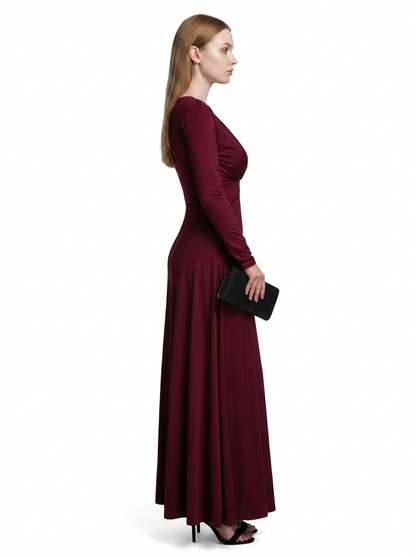 LadyLuxury | Elegant Wine Red A-Line Maxi Dress with Twisted Waist Detail
