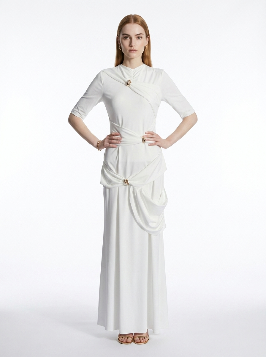 LadyLuxury | Draped Surrealist Maxi Dress with Gold Hardware - Elegant Long Sleeve Gown