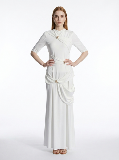 LadyLuxury | Draped Surrealist Maxi Dress with Gold Hardware - Elegant Long Sleeve Gown