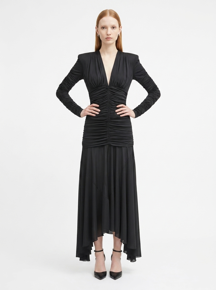 LadyLuxury | V-Neck Ruched Maxi Dress - Parisian Night Glamour Evening Gown