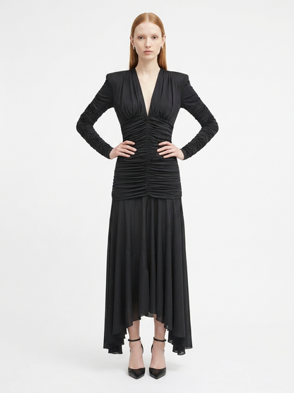 LadyLuxury | V-Neck Ruched Maxi Dress - Parisian Night Glamour Evening Gown