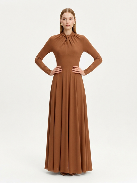 LadyLuxury | Draped Shirring Maxi Dress - Elegant Long Sleeve High Waist Minimalist Gown
