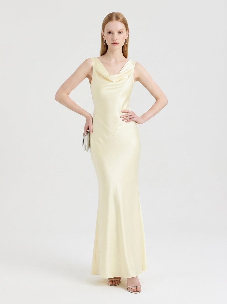 LadyLuxury | Sleeveless Satin Cowl Neck Maxi Dress - Elegant Floor-Length Evening Gown