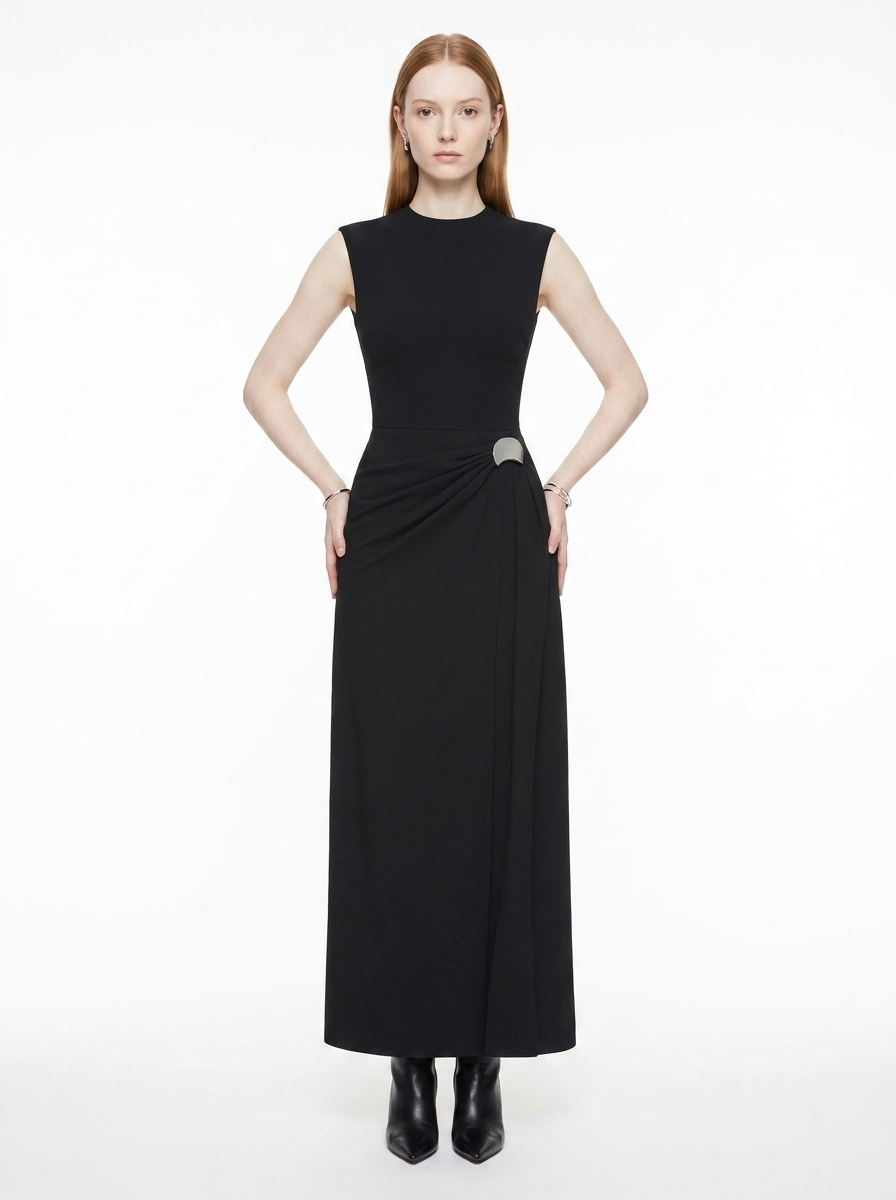 LadyLuxury | Architectural Minimalist Sleeveless Maxi Dress with Metallic Detail