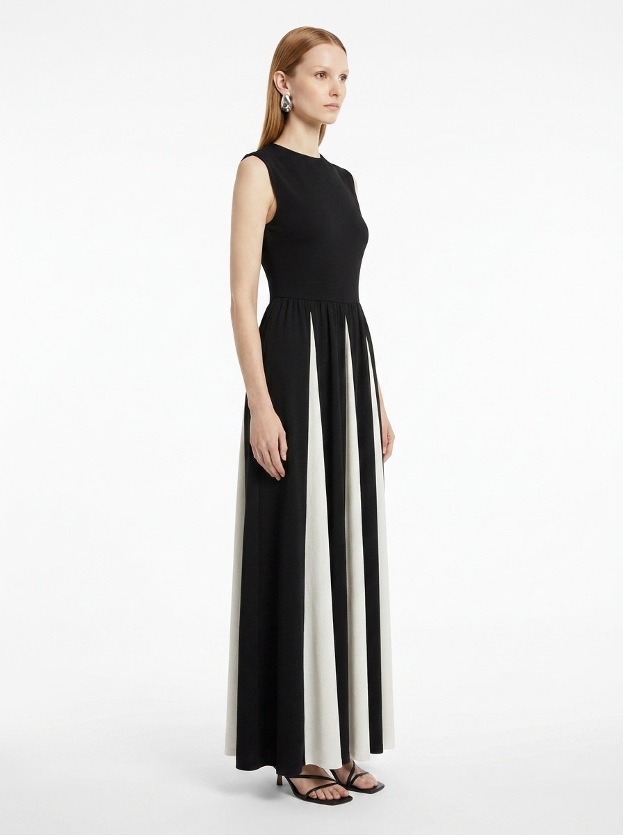 LadyLuxury | Architectural Monochrome Maxi Dress - Elegant Spliced Hem Evening Gown