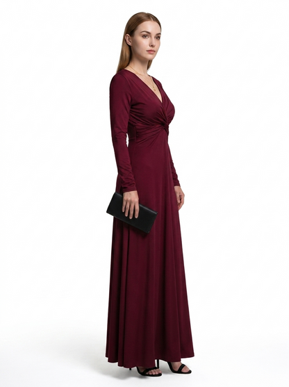 LadyLuxury | Elegant Wine Red A-Line Maxi Dress with Twisted Waist Detail