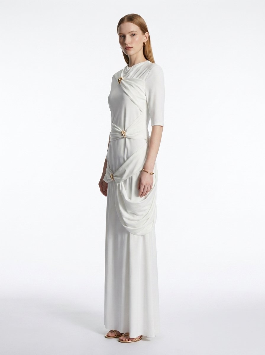 LadyLuxury | Draped Surrealist Maxi Dress with Gold Hardware - Elegant Long Sleeve Gown