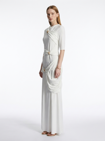 LadyLuxury | Draped Surrealist Maxi Dress with Gold Hardware - Elegant Long Sleeve Gown
