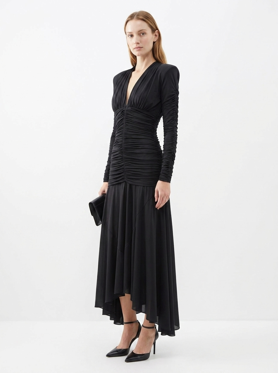 LadyLuxury | V-Neck Ruched Maxi Dress - Parisian Night Glamour Evening Gown