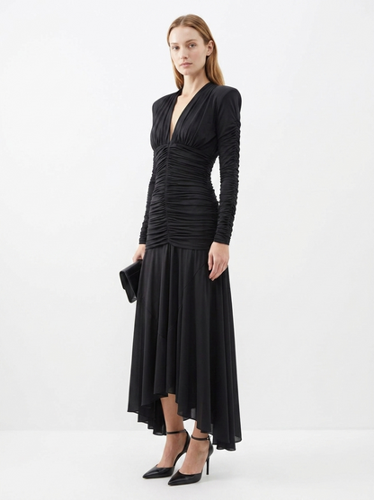 LadyLuxury | V-Neck Ruched Maxi Dress - Parisian Night Glamour Evening Gown