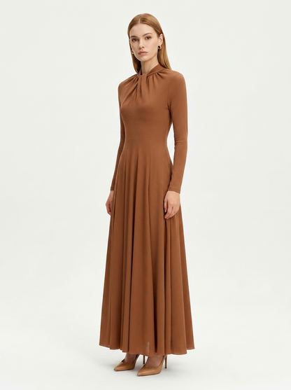 LadyLuxury | Draped Shirring Maxi Dress - Elegant Long Sleeve High Waist Minimalist Gown