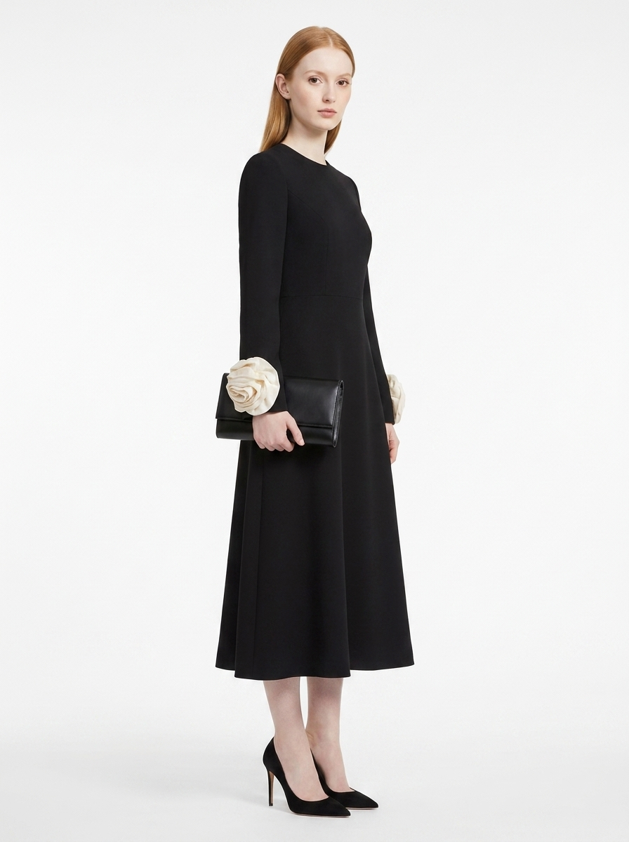 LadyLuxury | Petal Sleeve Rosette Maxi Dress - Surrealist Sophistication Evening Gown