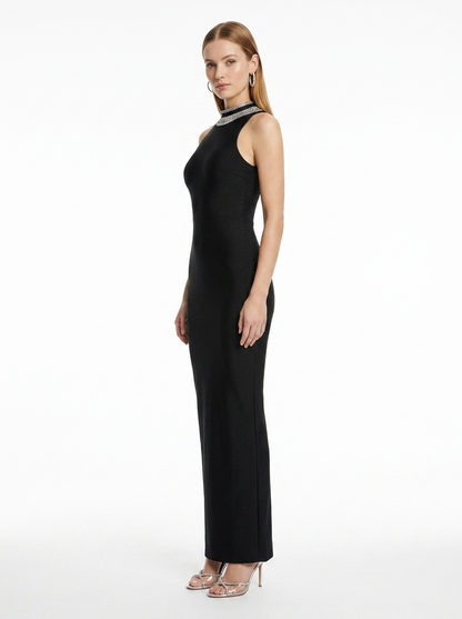 LadyLuxury | Spliced Bead Stand Neck Maxi Dress - Sleek Backless Evening Gown
