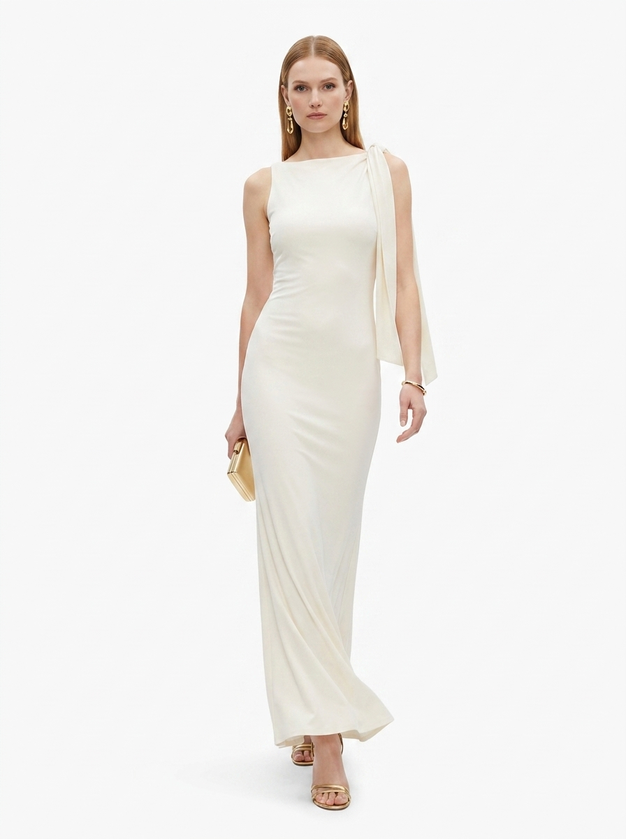 LadyLuxury | Sleek Draped Column Maxi Dress - Minimalist High Neck Evening Gown