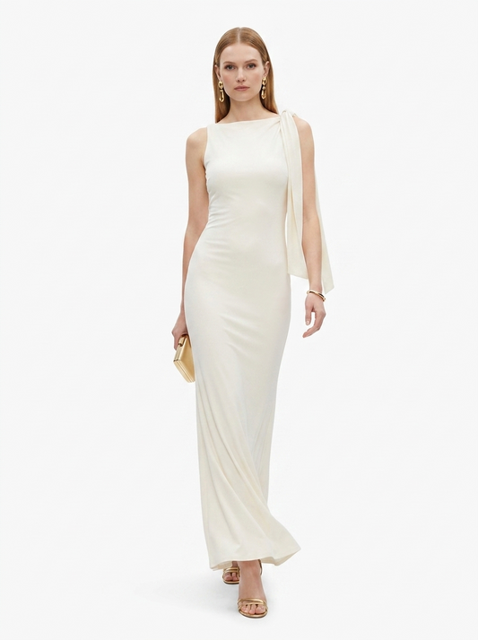 LadyLuxury | Sleek Draped Column Maxi Dress - Minimalist High Neck Evening Gown