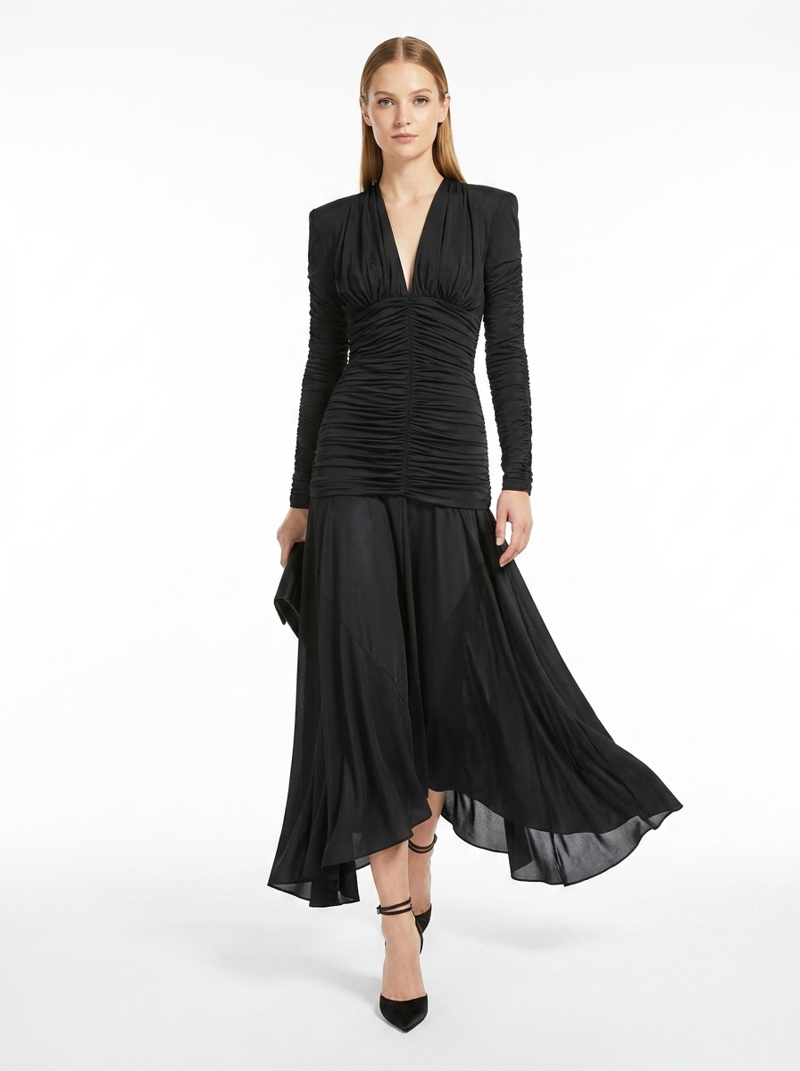 LadyLuxury | V-Neck Ruched Maxi Dress - Parisian Night Glamour Evening Gown