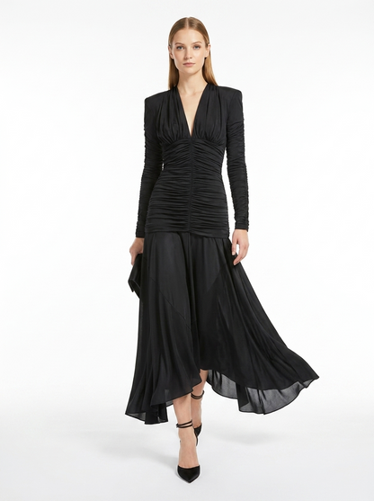 LadyLuxury | V-Neck Ruched Maxi Dress - Parisian Night Glamour Evening Gown