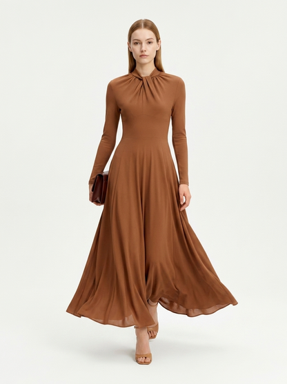 LadyLuxury | Draped Shirring Maxi Dress - Elegant Long Sleeve High Waist Minimalist Gown