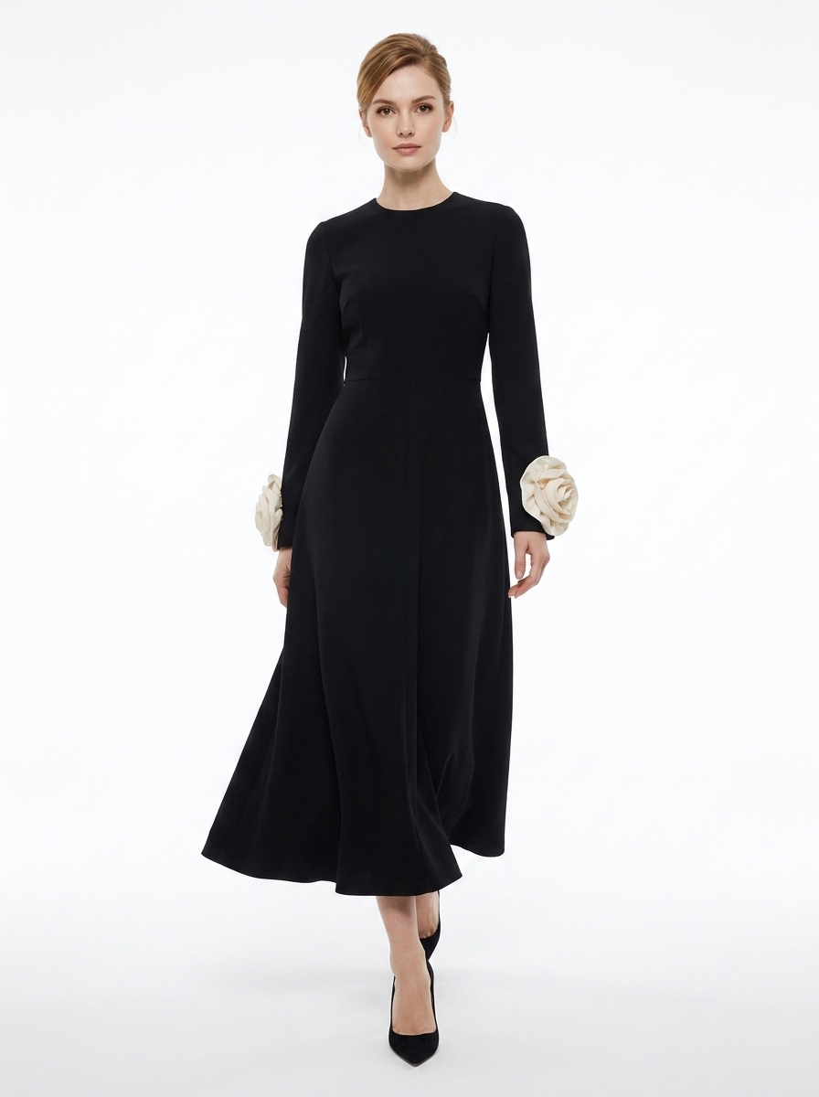 LadyLuxury | Petal Sleeve Rosette Maxi Dress - Surrealist Sophistication Evening Gown
