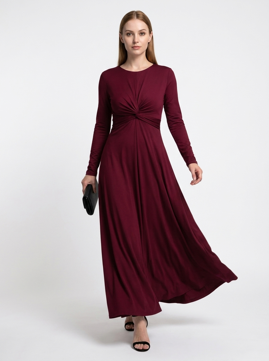 LadyLuxury | Elegant Wine Red A-Line Maxi Dress with Twisted Waist Detail