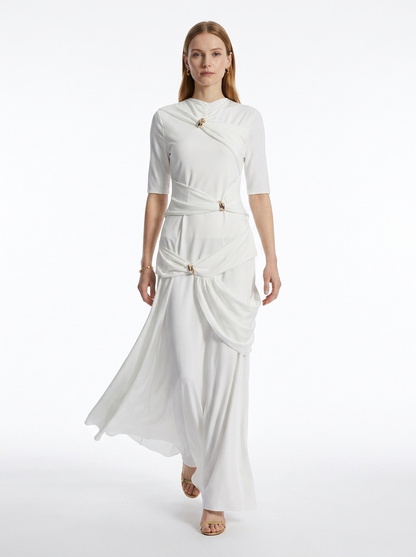 LadyLuxury | Draped Surrealist Maxi Dress with Gold Hardware - Elegant Long Sleeve Gown