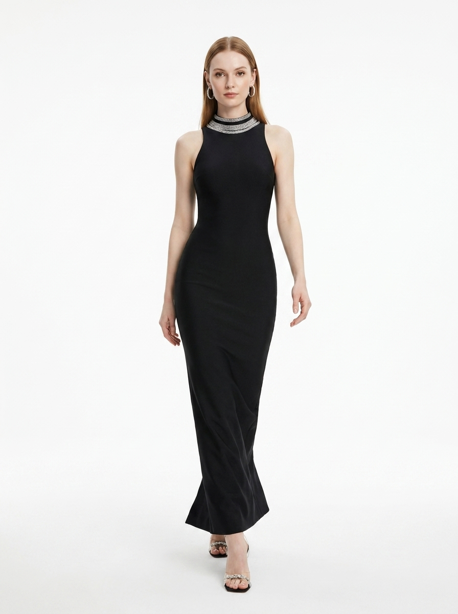 LadyLuxury | Spliced Bead Stand Neck Maxi Dress - Sleek Backless Evening Gown