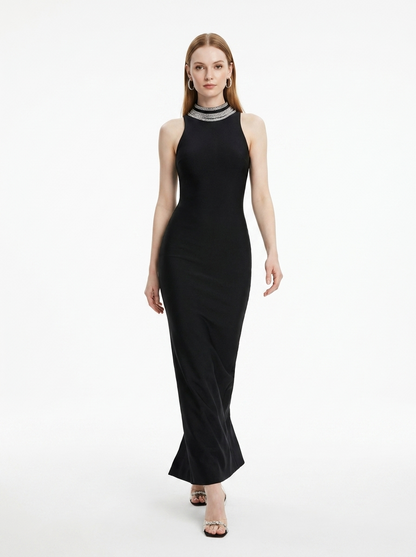 LadyLuxury | Spliced Bead Stand Neck Maxi Dress - Sleek Backless Evening Gown