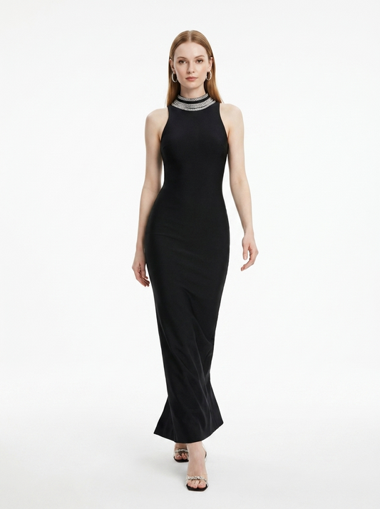 LadyLuxury | Spliced Bead Stand Neck Maxi Dress - Sleek Backless Evening Gown