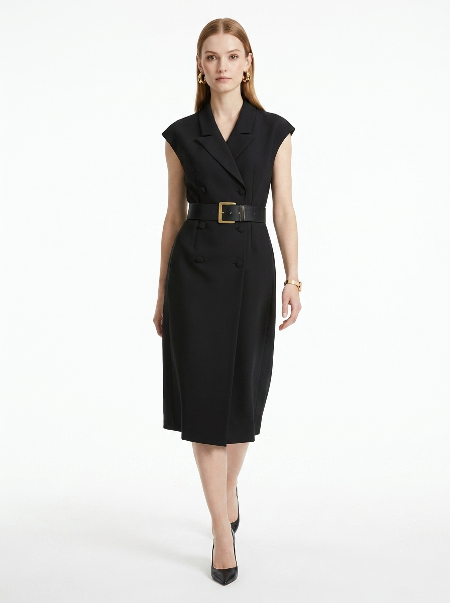 LadyLuxury | Sleeveless Double-Breasted Midi Blazer Dress with Gold-Tone Belt