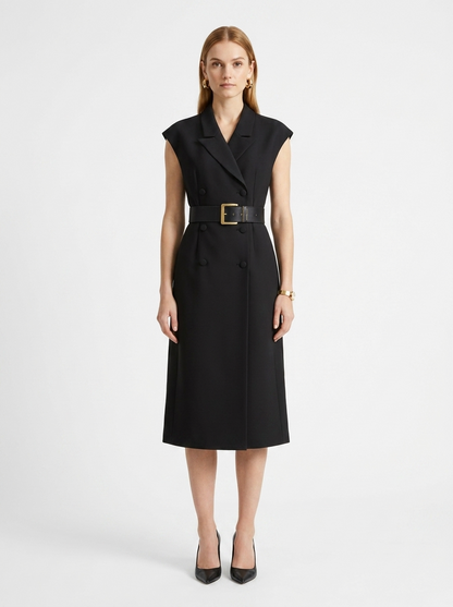 LadyLuxury | Sleeveless Double-Breasted Midi Blazer Dress with Gold-Tone Belt