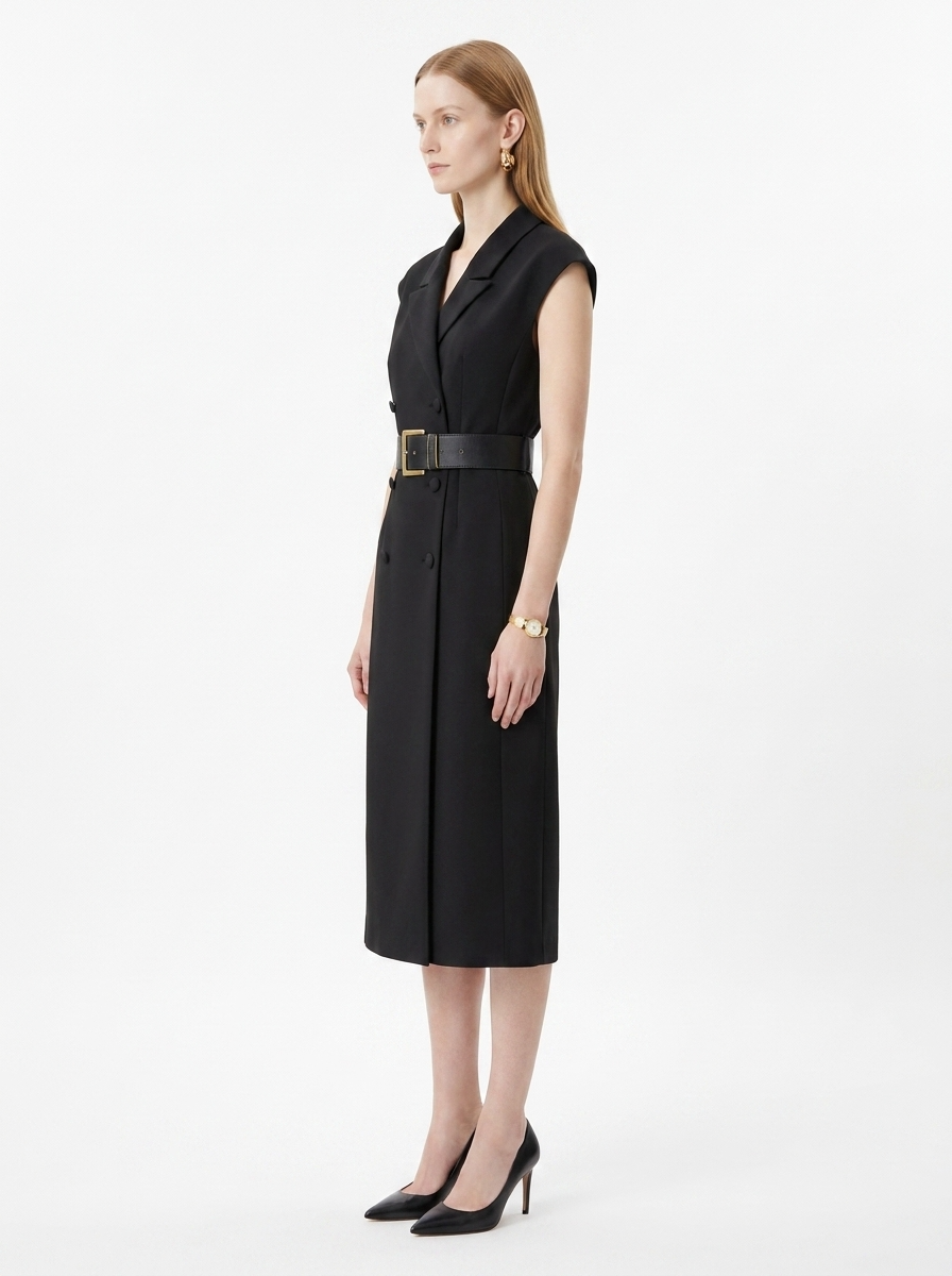 LadyLuxury | Sleeveless Double-Breasted Midi Blazer Dress with Gold-Tone Belt