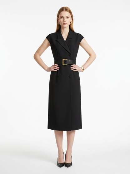 LadyLuxury | Sleeveless Double-Breasted Midi Blazer Dress with Gold-Tone Belt