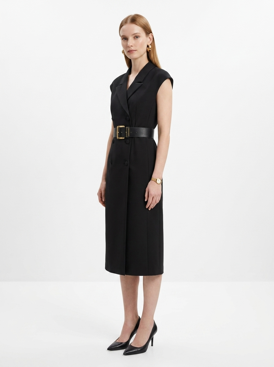 LadyLuxury | Sleeveless Double-Breasted Midi Blazer Dress with Gold-Tone Belt