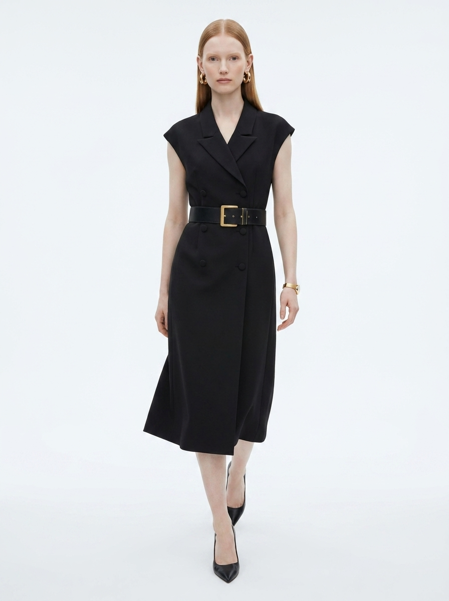 LadyLuxury | Sleeveless Double-Breasted Midi Blazer Dress with Gold-Tone Belt